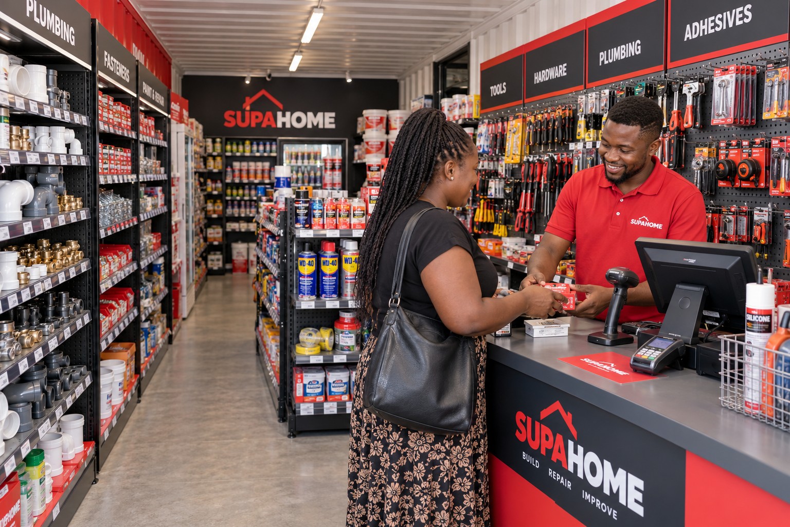 Interior concept with hardware shelving and a touchscreen checkout