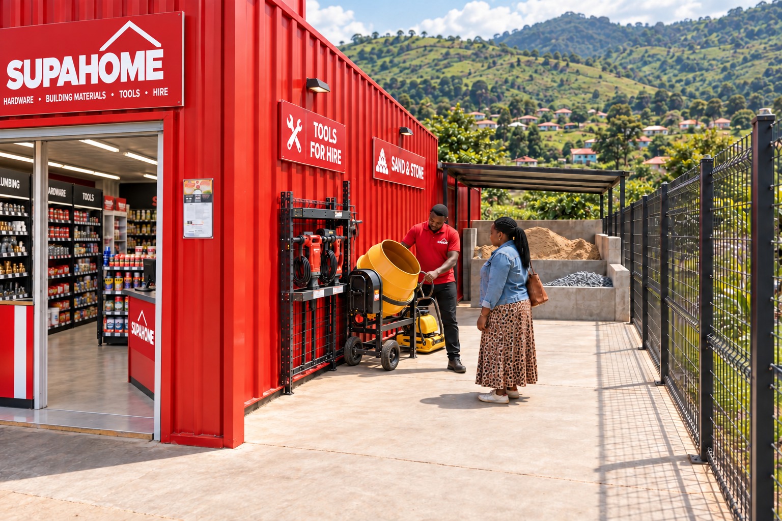Side-yard concept with tool hire, sand and stone bays beside the store